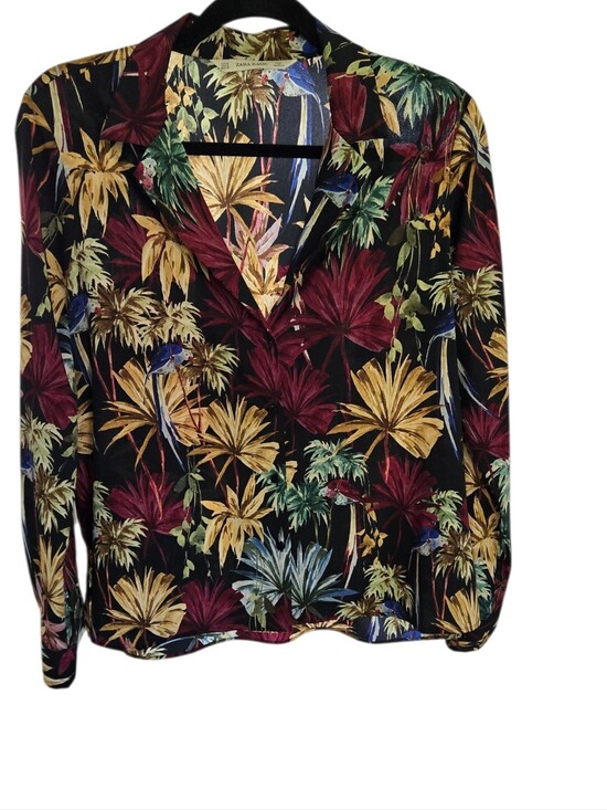 Zara Tops - Zara Basic Lightweight Tropical Print Blouse Womens M Black Botanical Shirt